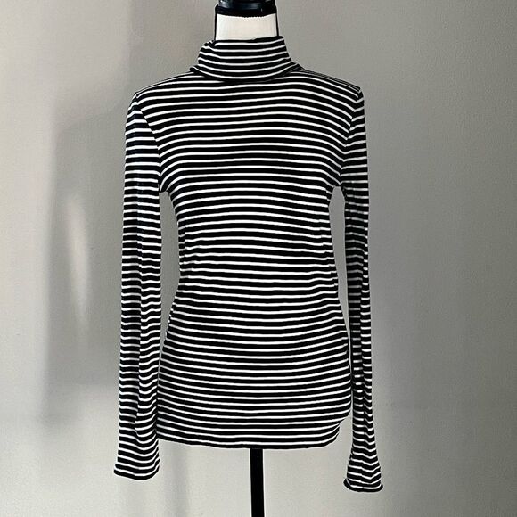 J. crew Black and White Striped, High-Neck,  Long-Sleeve Top. Size X-Small. - Picture 1 of 7